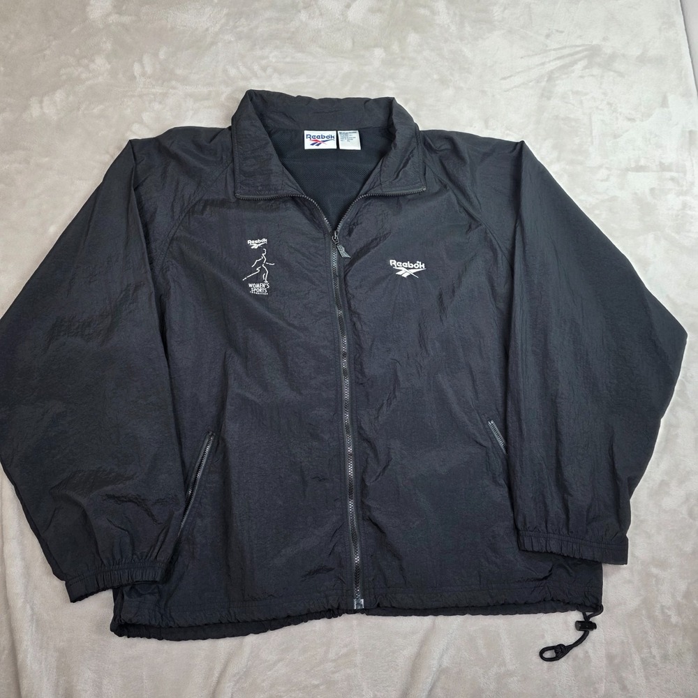 VINTAGE Reebok Jacket Womens Windbreaker XL Black Full Zip Hooded Run‎ Hike Camp